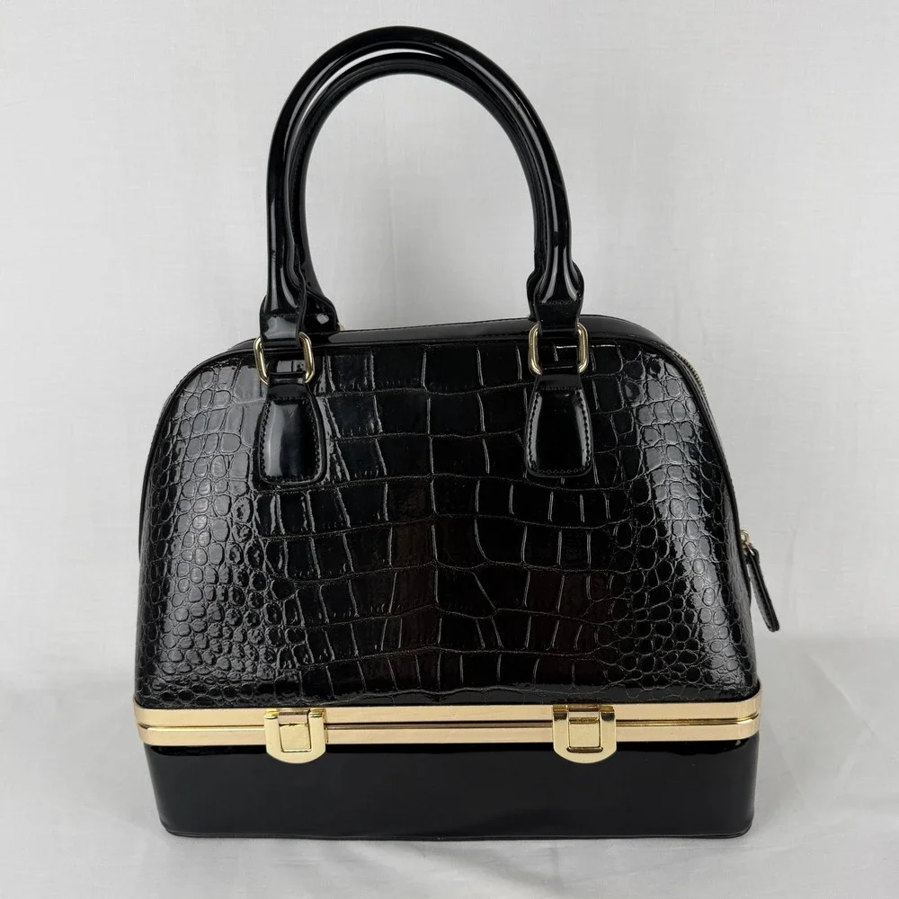 Black Patent Croc Embossed Satchel Handbag Gold Hardware Dual Compartment Bag